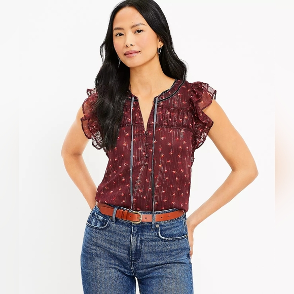 LOFT Shimmer Floral Velvet Tie Neck Shell - Picture 3 of 6